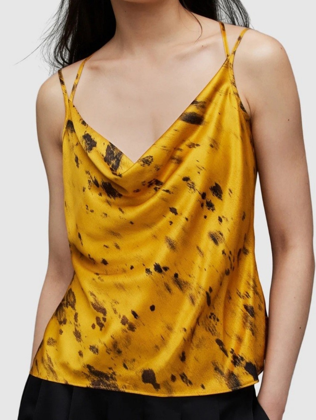 All Saints Marta Ronnie Top In Ochre Yellow. Spotted Satin Cowl Camisole